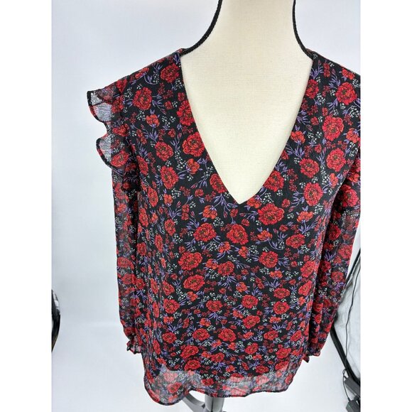 Banana Republic Womens Size M Black Red Floral V Neck Ruffle Sleeve Sheer Blouse - Picture 2 of 6